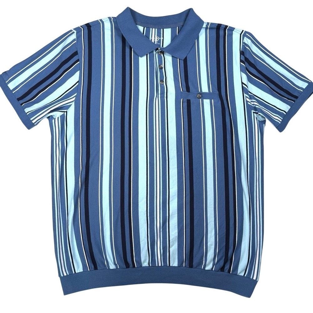 John Blair Polo Shirt Men XL Blue Striped Knit Cotton Blend Short Sleeve Vintage
